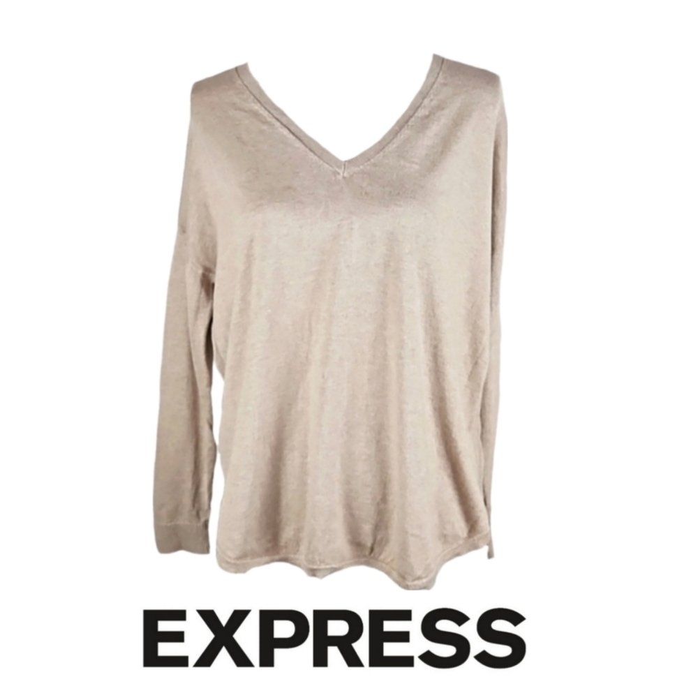 Express Rlaxed Fit V-Neck Longsleeve Sweater, Beige, Size M - Picture 1 of 6